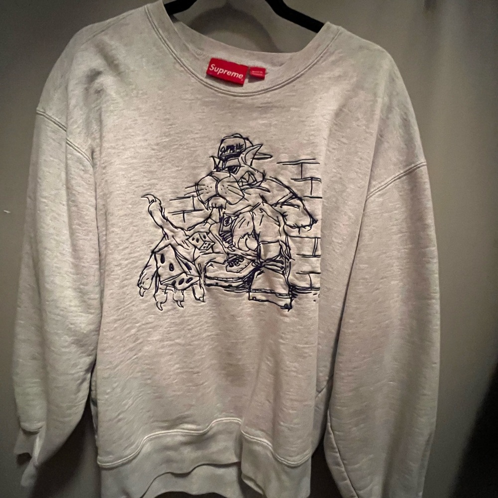 Supreme Light Gray Crewneck with Black Line Art Graphic